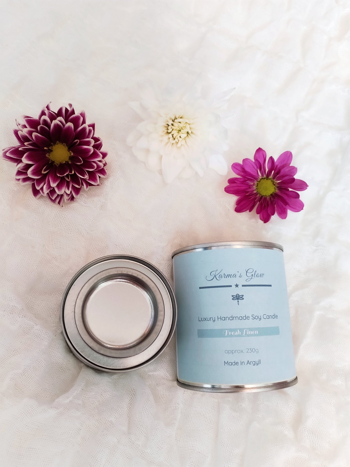Scented Candle - Luxury Fragrance - Soy Wax - Large Candle Tin - Fresh Linen - 230g approx. - Vegan