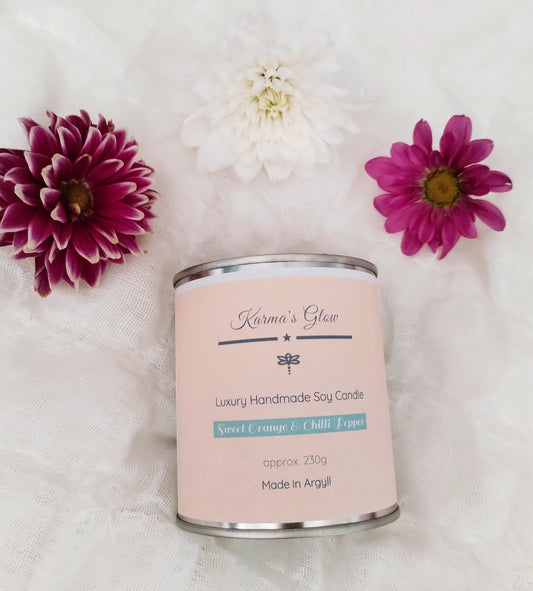 Scented Candle - Luxury Fragrance - Soy Wax - Large Candle Tin - Sweet Orange & Chilli Pepper - 230g approx. - Vegan