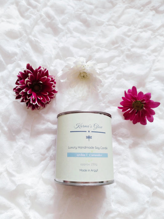 Melon & Cucumber Scented Candle - Luxury Fragrance, Handmade with Soy Wax - Large Tin, Vegan