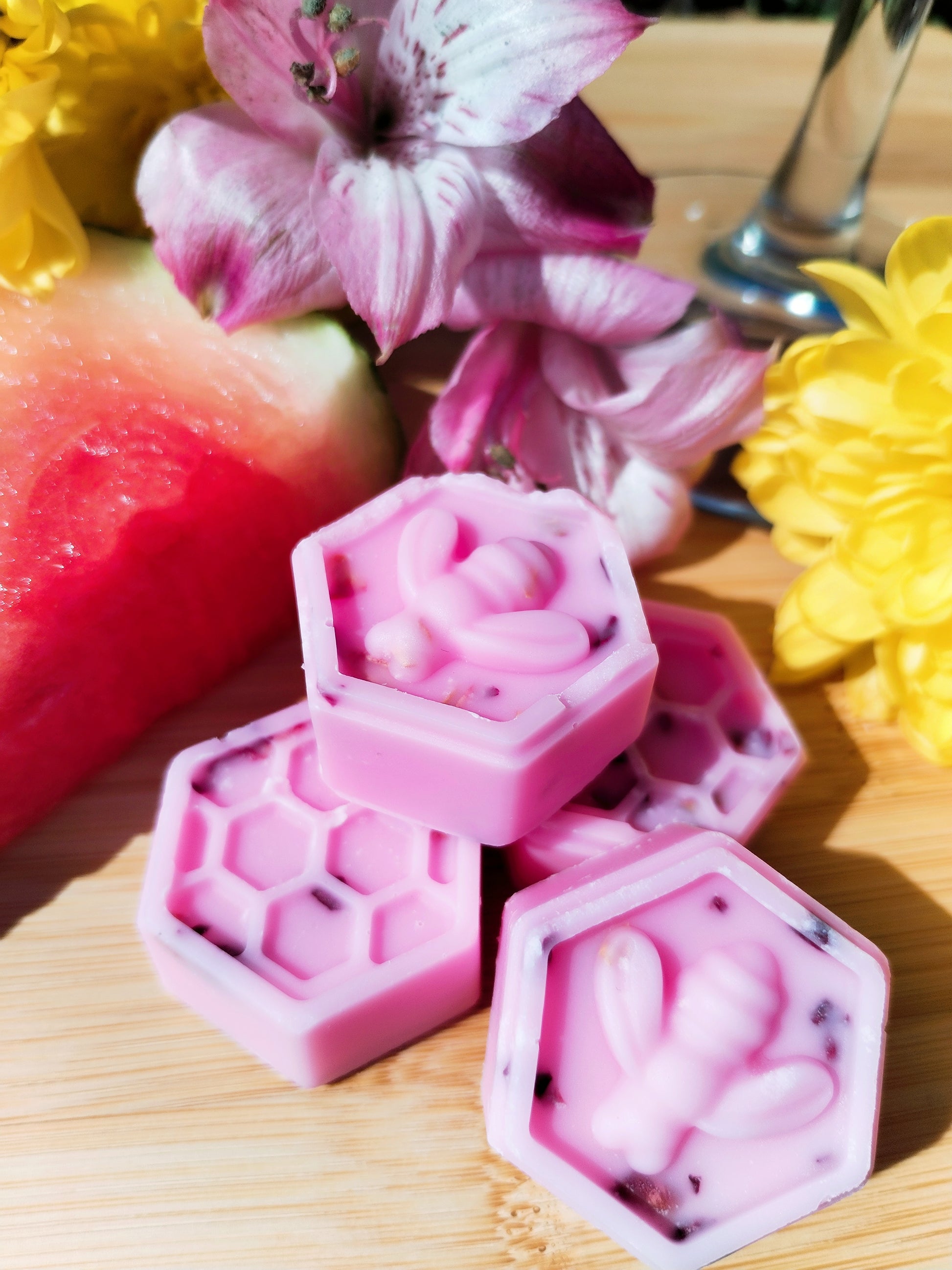 Watermelon Margarita Wax Melts with Honeycomb Bee, Fresh Watermelon Cocktail, Lime, and Vibrant Flowers on Bamboo Chopping Board - A Fusion of Refreshing Aromas and Mystical Serenity