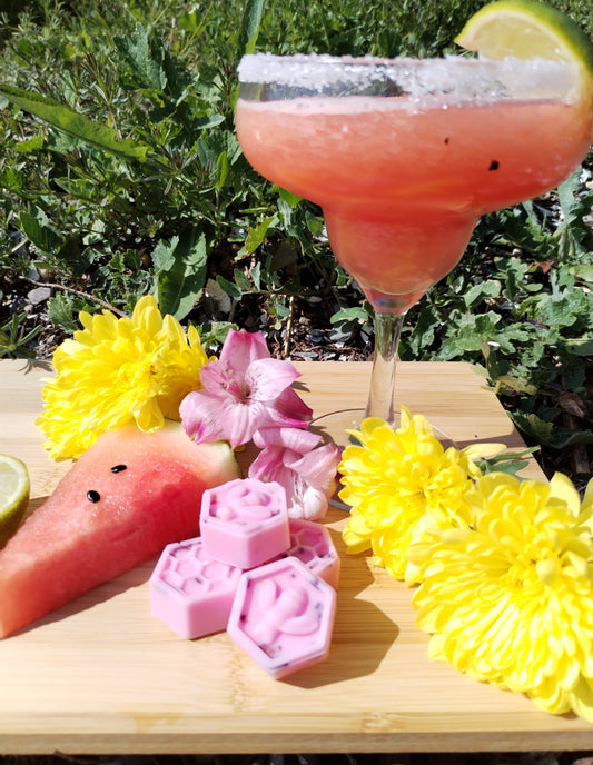Watermelon Margarita Wax Melts with Honeycomb Bee, Fresh Watermelon Cocktail, Lime, and Vibrant Flowers on Bamboo Chopping Board - A Fusion of Refreshing Aromas and Mystical Serenity