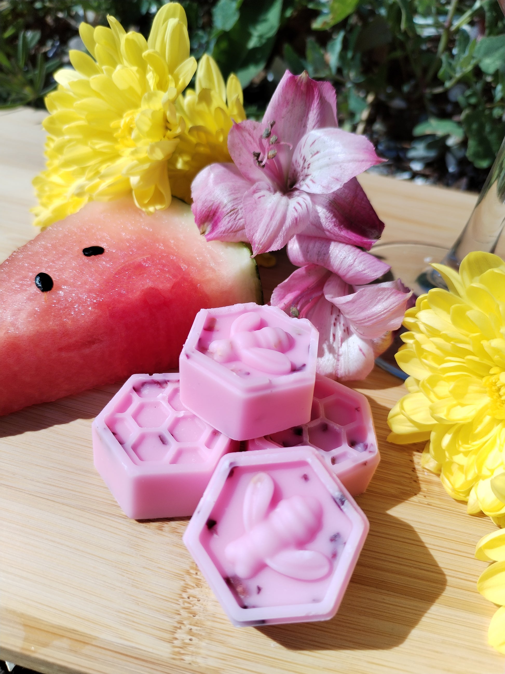 Watermelon Margarita Wax Melts with Honeycomb Bee, Fresh Watermelon Cocktail, Lime, and Vibrant Flowers on Bamboo Chopping Board - A Fusion of Refreshing Aromas and Mystical Serenity