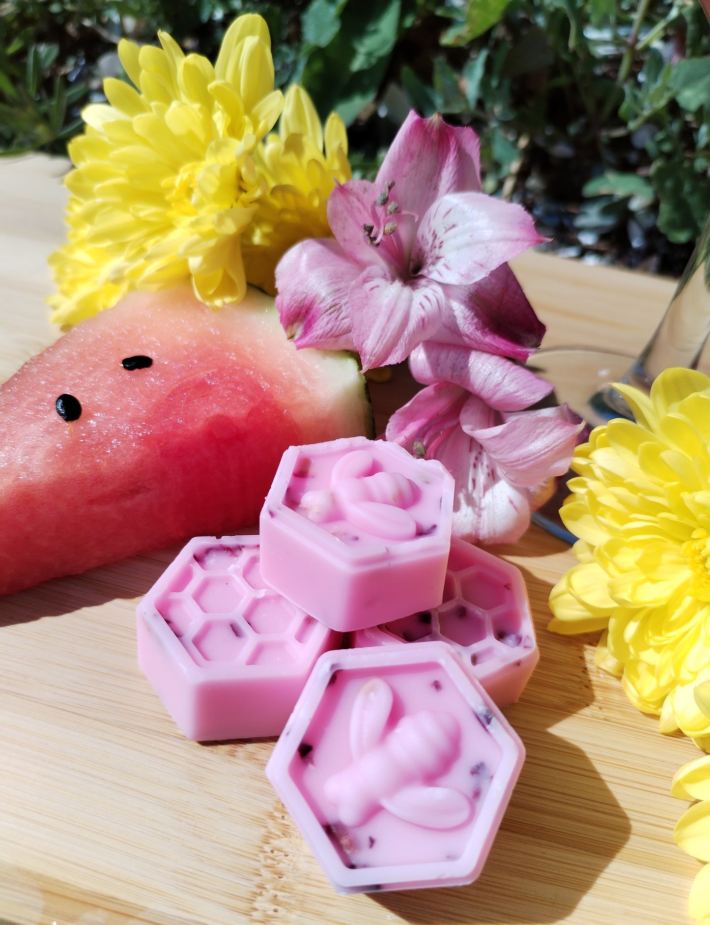 Watermelon Margarita Wax Melts with Honeycomb Bee, Fresh Watermelon Cocktail, Lime, and Vibrant Flowers on Bamboo Chopping Board - A Fusion of Refreshing Aromas and Mystical Serenity