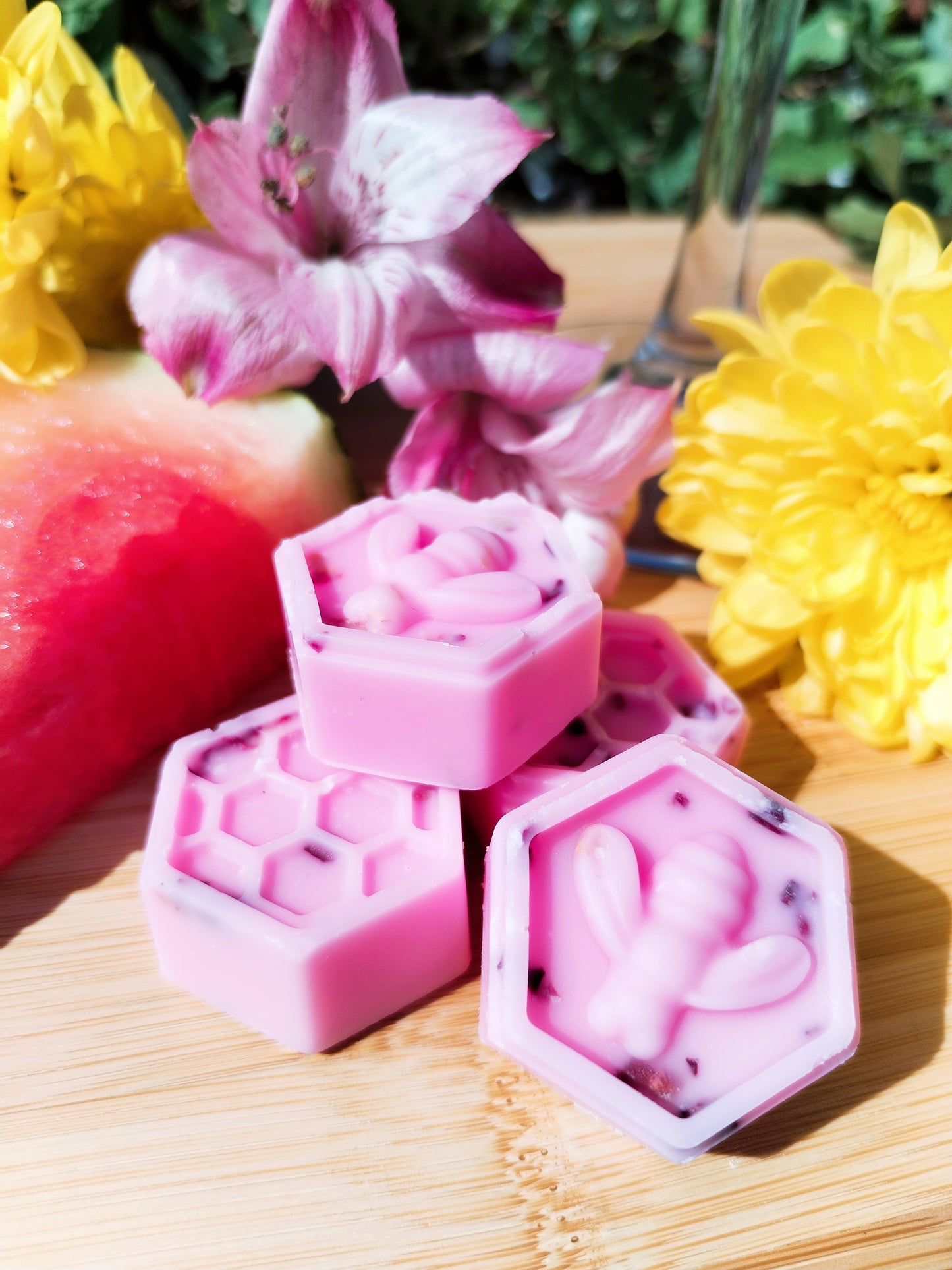 Watermelon Margarita Wax Melts with Honeycomb Bee, Fresh Watermelon Cocktail, Lime, and Vibrant Flowers on Bamboo Chopping Board - A Fusion of Refreshing Aromas and Mystical Serenity