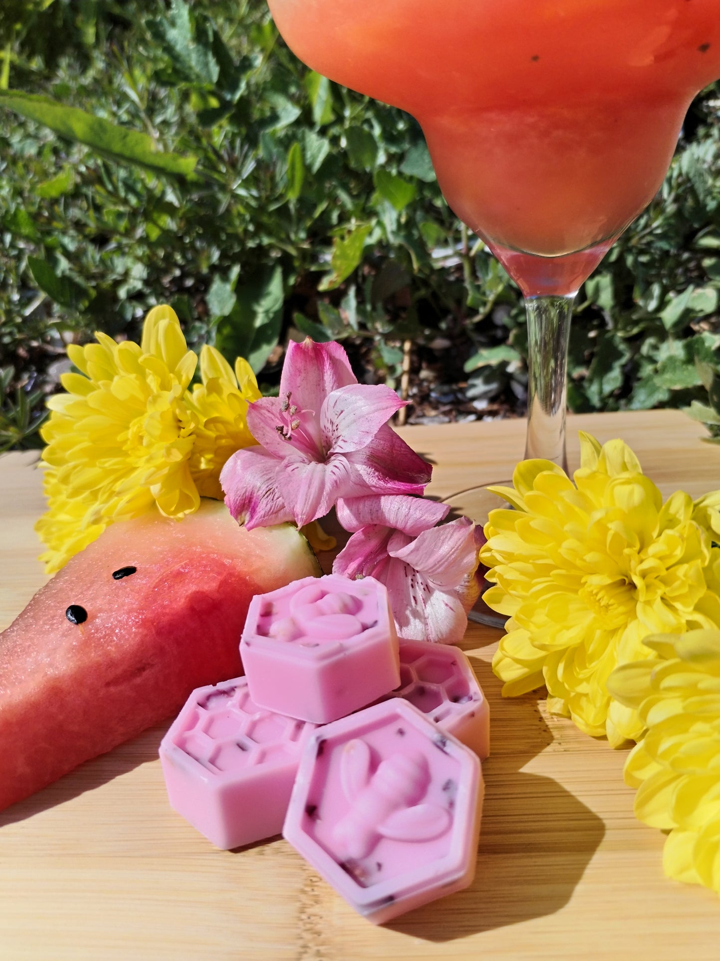 Watermelon Margarita Wax Melts with Honeycomb Bee, Fresh Watermelon Cocktail, Lime, and Vibrant Flowers on Bamboo Chopping Board - A Fusion of Refreshing Aromas and Mystical Serenity