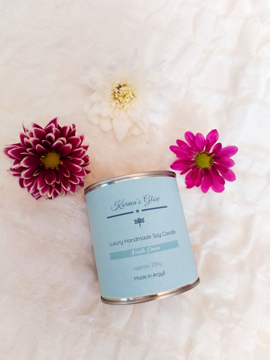 Scented Candle - Luxury Fragrance - Soy Wax - Large Candle Tin - Fresh Linen - 230g approx. - Vegan