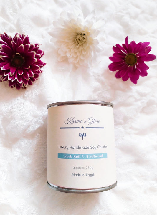 Scented Candle - Luxury Fragrance - Soy Wax - Large Candle Tin - Rock Salt & Driftwood - 230g approx. - Vegan