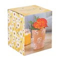 Terracotta Bee Pattern Plant Pot Packaging: A box with a yellow background featuring white flower illustrations resembling daisies. On one side of the box, there is a printed image of the terracotta bee pattern plant pot at an angle.