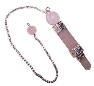 rose quartz crystal healing magic pendulum with different cuts different energy silver plated with chain and gemstone bead used for dowsing and divination