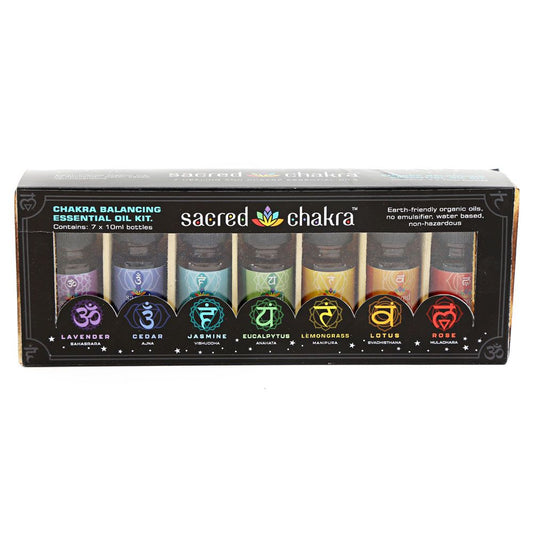 sacred chakra essential oils kit , seven 10ml bottles. realign the chakras and balance mind and body lavender, cedar, jasmine, eucalyptus, lemongrass, lotus and rose aromatherapy for use in oil burners, diffusers and aroma lamps