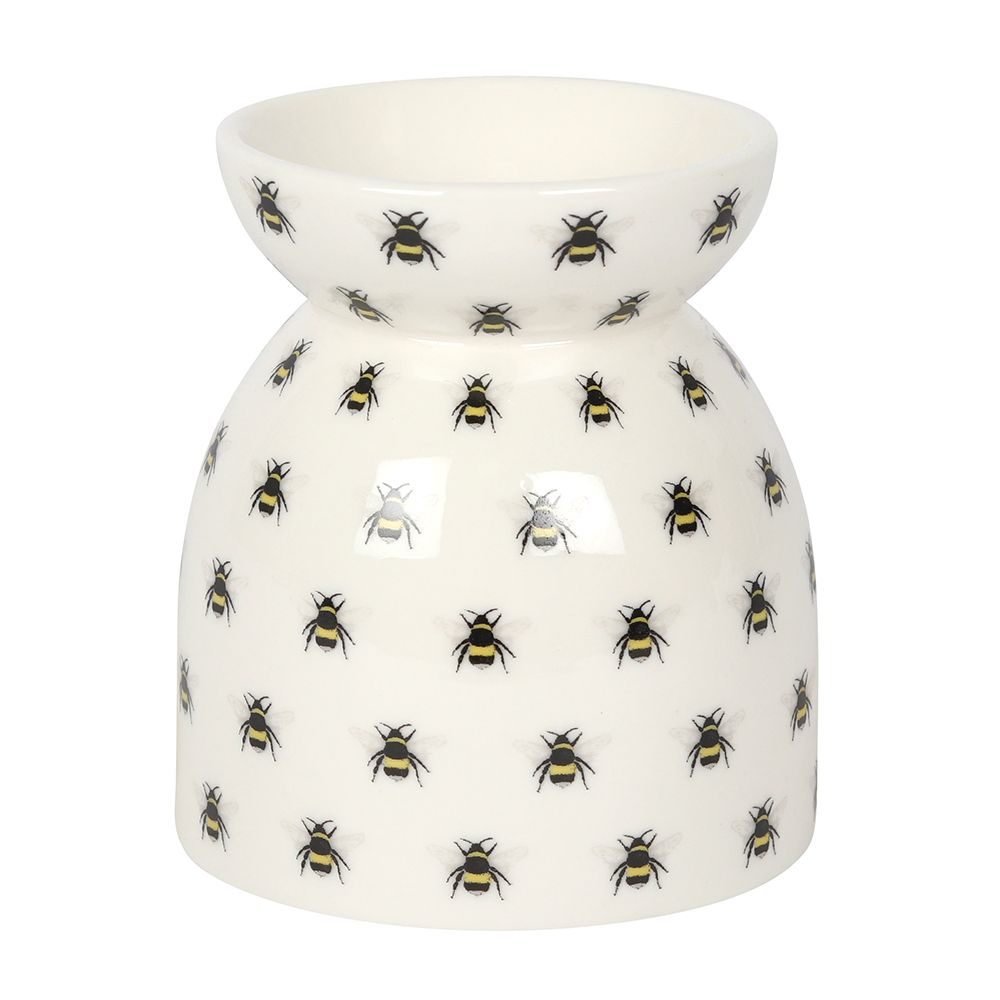 Front View of Bee Print Ceramic Oil/Wax Burner on White Background