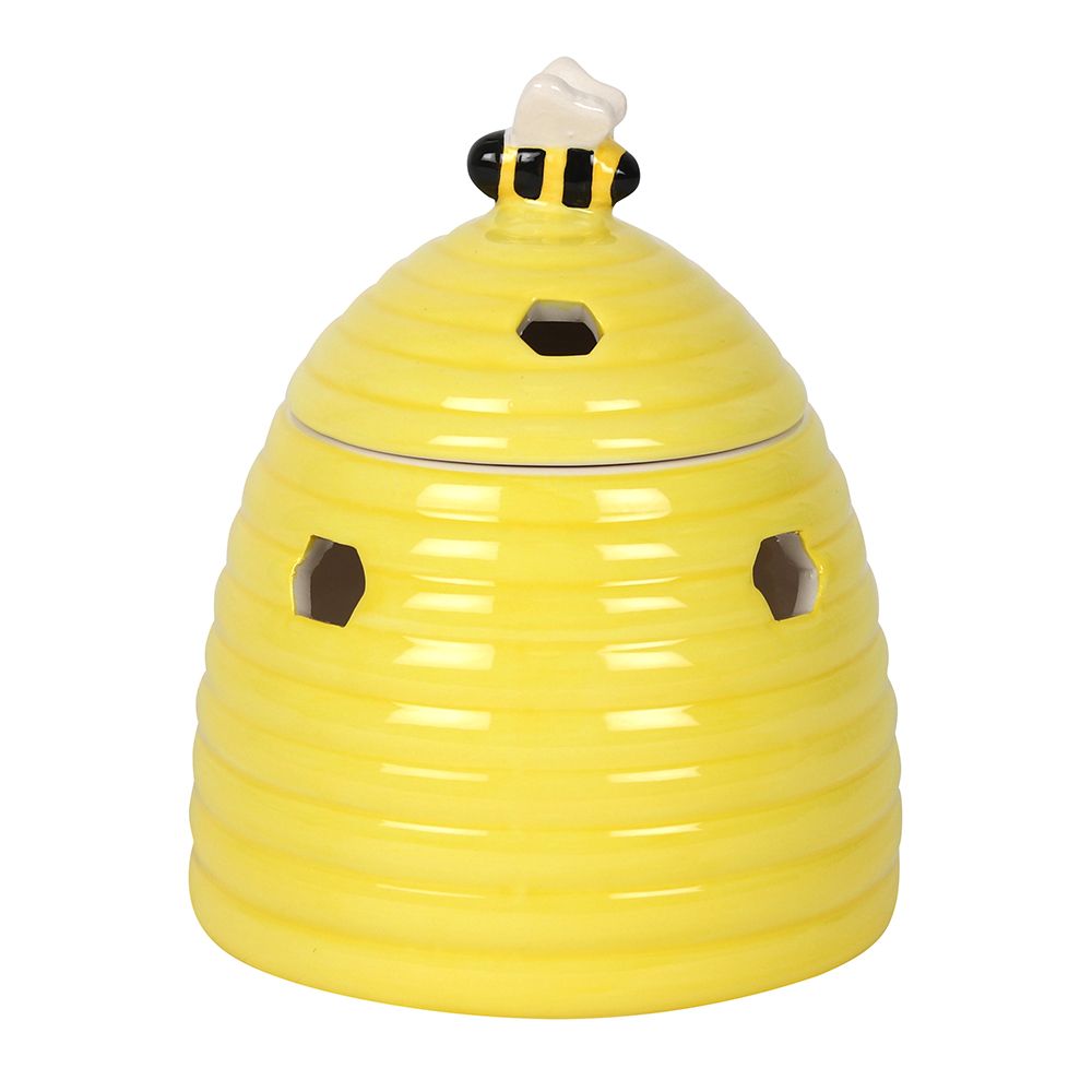 Yellow Beehive Wax Melts and Oil Burner with Bee Accent - Front View on White Background