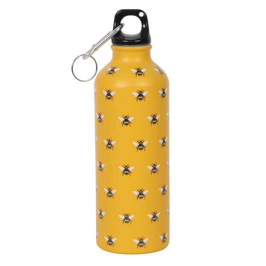 Vibrant yellow metal water bottle featuring contemporary bee print design with black cap and clip for easy attachment.