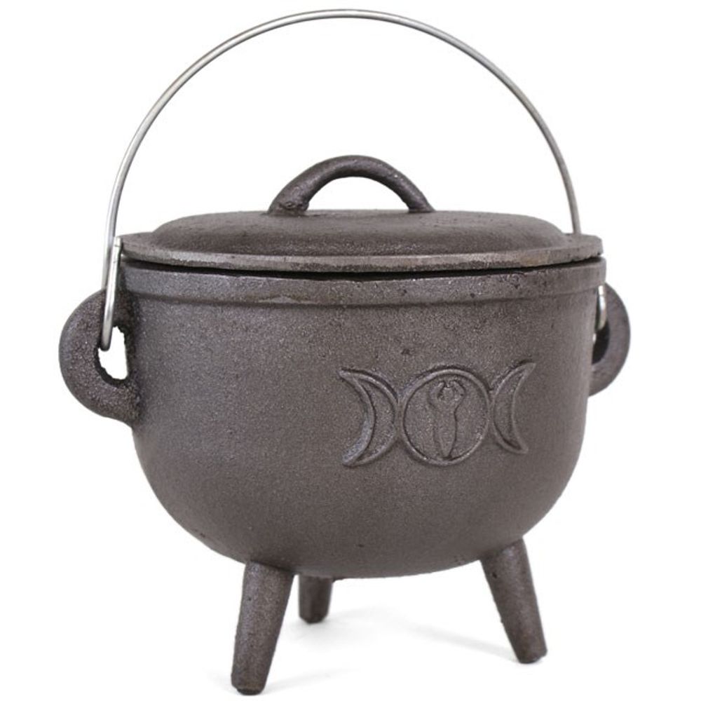 large black 3 legged cast iron cauldron with handle, triple moon design and cast iron lid.  15cm width, 13.5cm height wicca wiccan casting spells, moon water