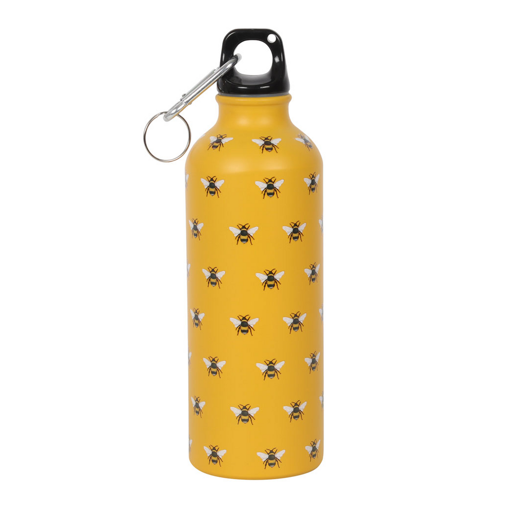 Vibrant yellow metal water bottle featuring contemporary bee print design with black cap and clip for easy attachment.