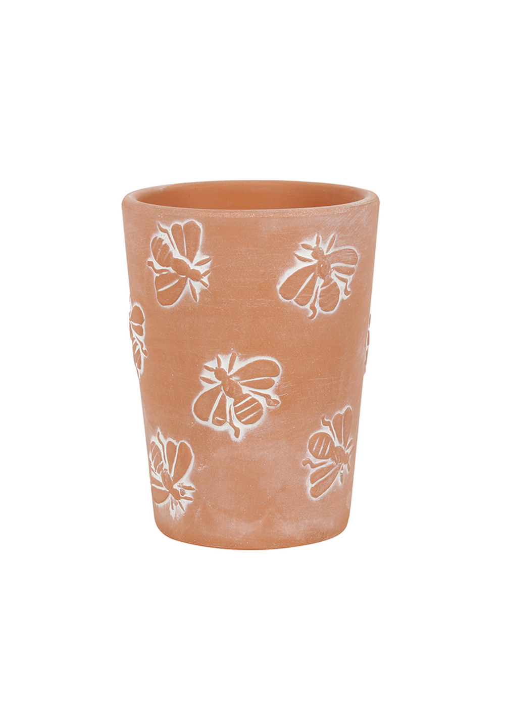 Terracotta Bee Pattern Plant Pot with Raised Bee Design: A slightly distant view of a terracotta plant pot featuring raised bee patterns with subtle whitewash accents on the sides of the pot.