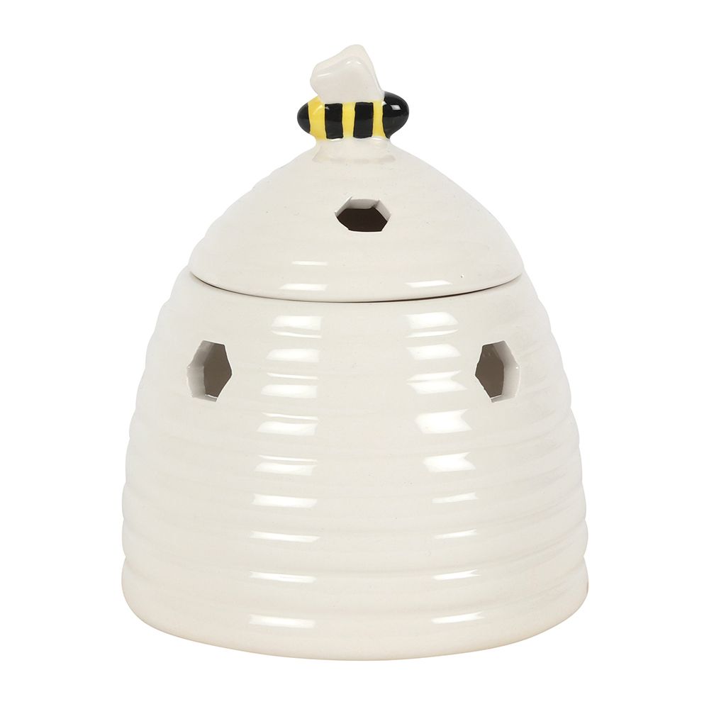 White Beehive Wax Melts and Oil Burner with Bee Accent - Front View on White Background