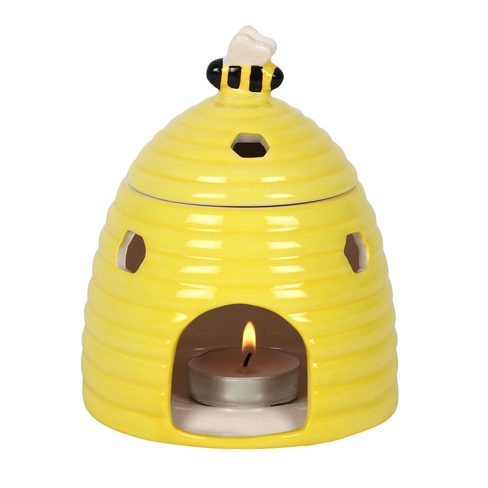 Yellow Beehive Wax Melts and Oil Burner with Lit Tealight - Back View on White Background"