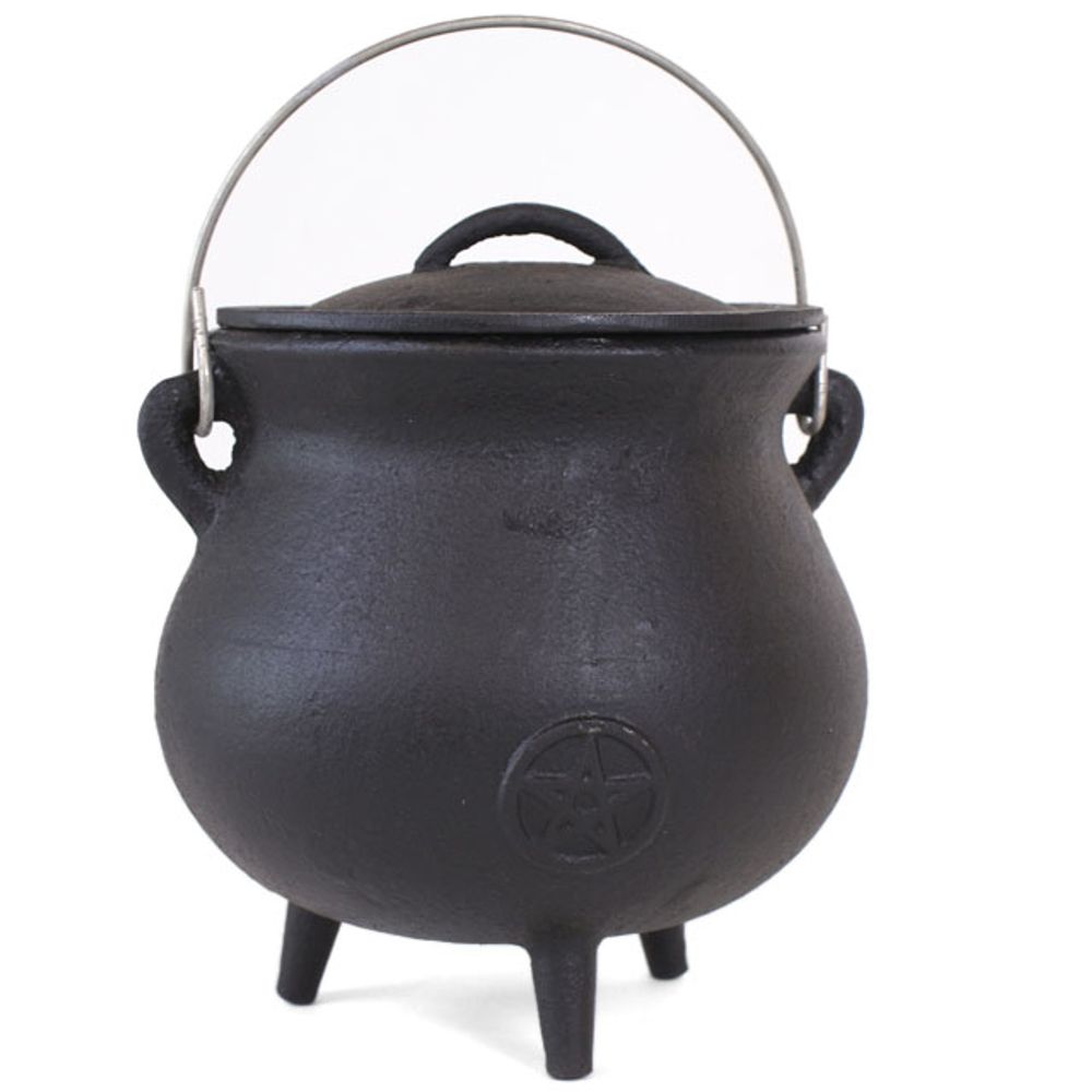 very large black cast iron 3 legged cauldron with handle, pentagram design and cast iron lid. Wicca Wiccan, add to altar use for scrying, rituals and spell casting with herbs or making moon water. Not suitable for food.