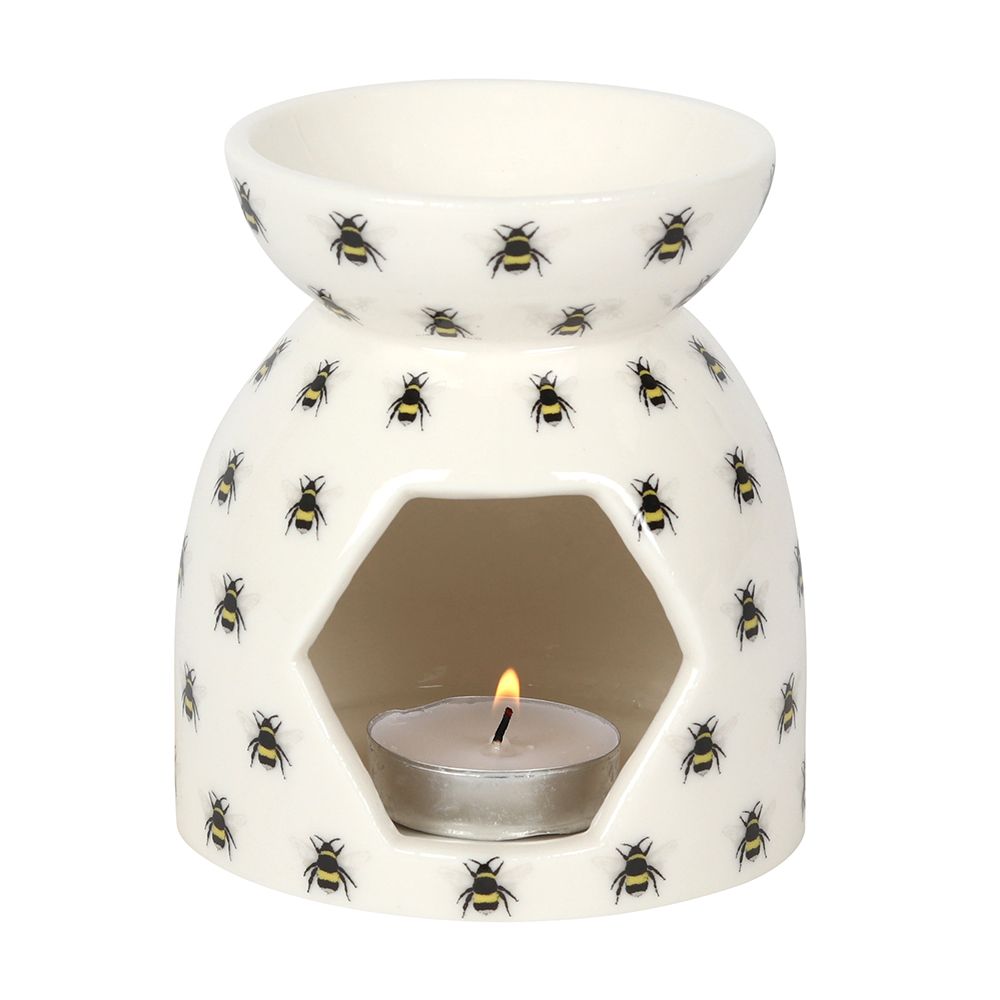 Bee Print Ceramic Oil/Wax Burner with Lit Tealight on White Background (Back View)