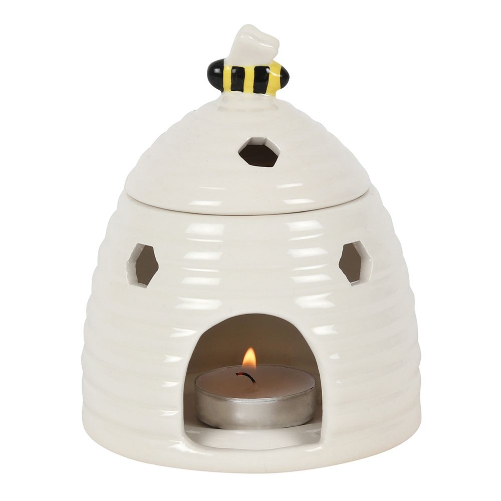 White Beehive Wax Melts and Oil Burner with Lit Tealight - Back View on White Background