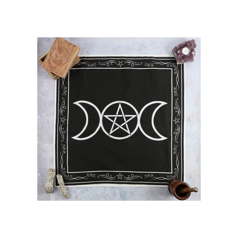 Elegant Lunar Altar Cloth - Triple Moon and Pentagram Design - 100% Cotton - 70x70cm - Witchcraft, Wicca, Spiritual Rituals